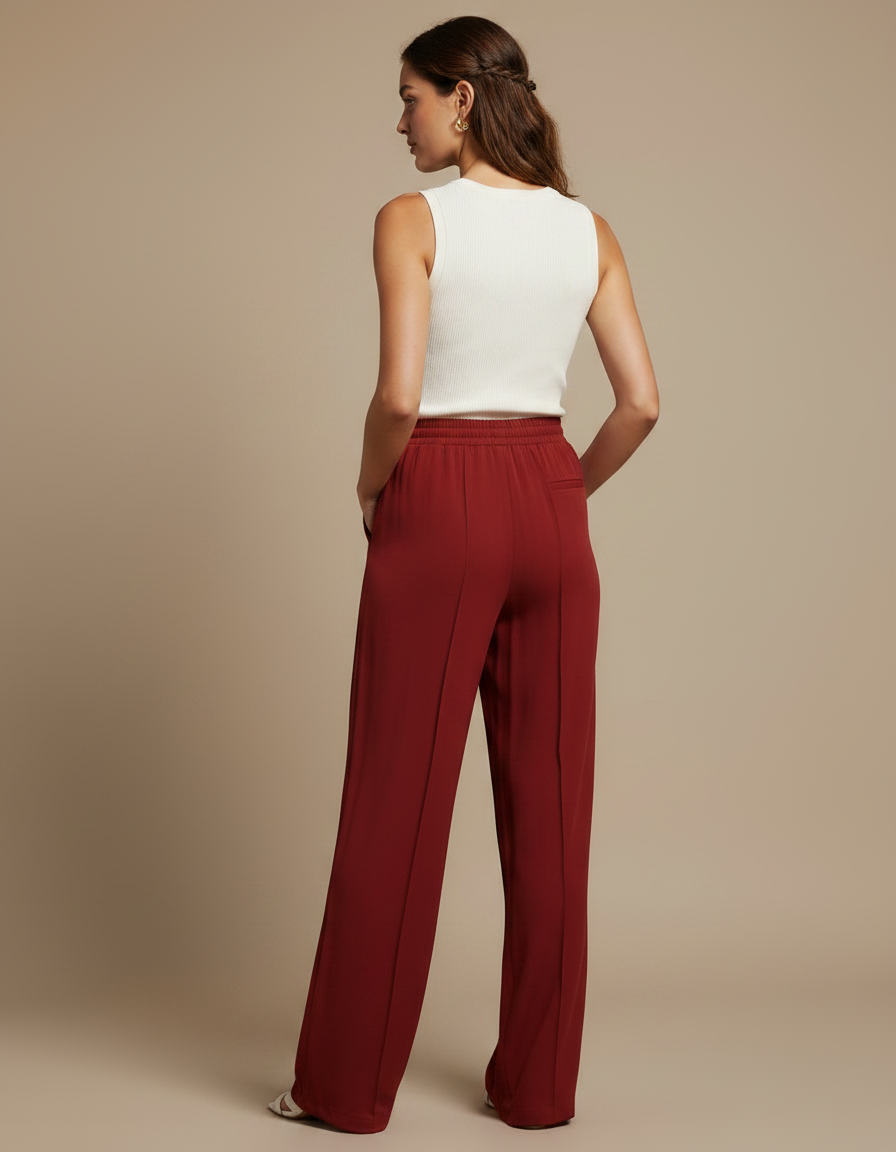 Pantalon Rouge Fluide Taille Haute - Bordeaux Viscose - vue 2
