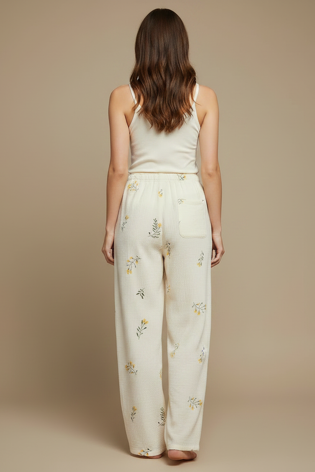 Pantalon Fluide Écru Ample Fleuri Coton Doux - Beige - vue 2