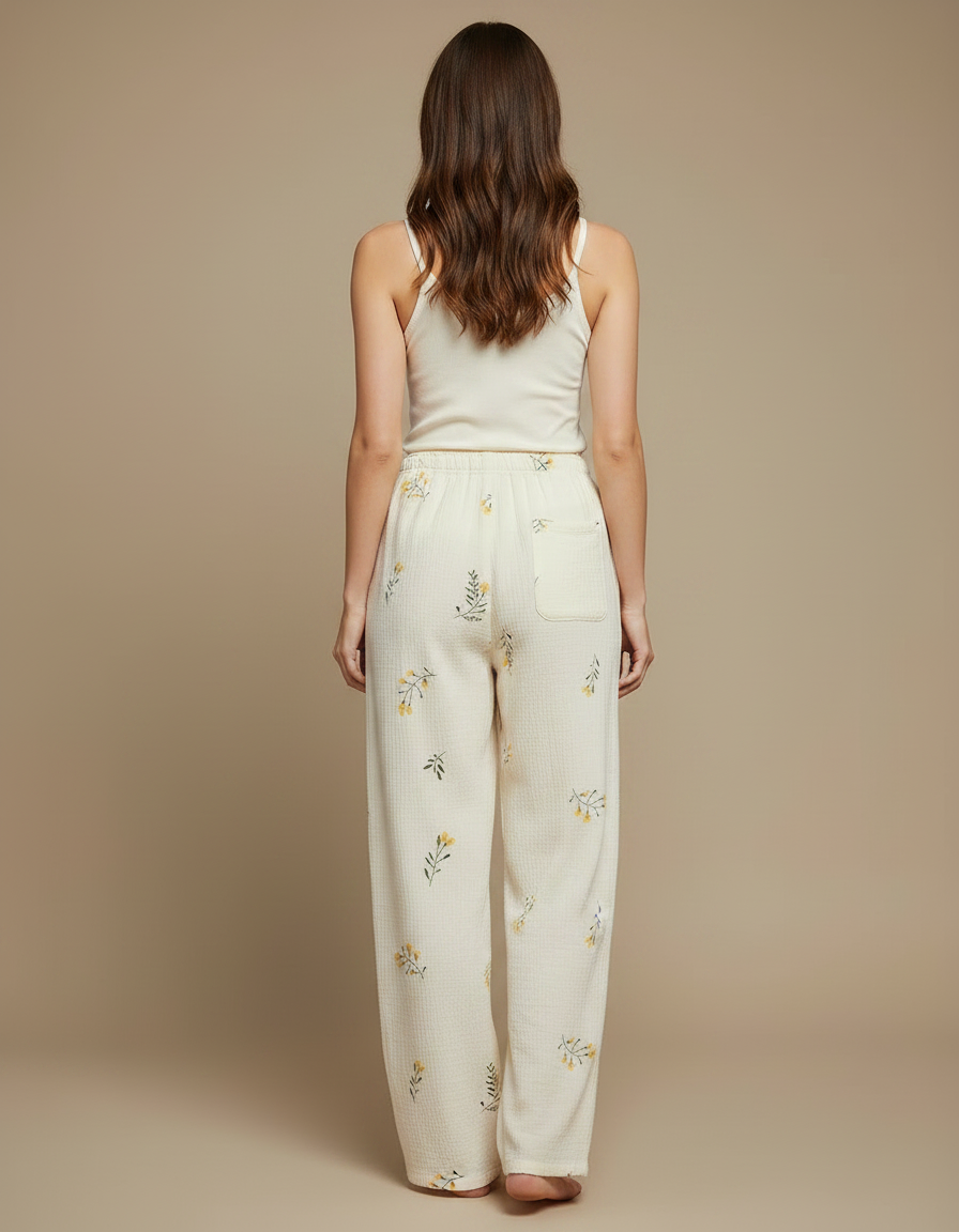 Pantalon Fluide Écru Ample Fleuri Coton Doux - Beige - vue 2