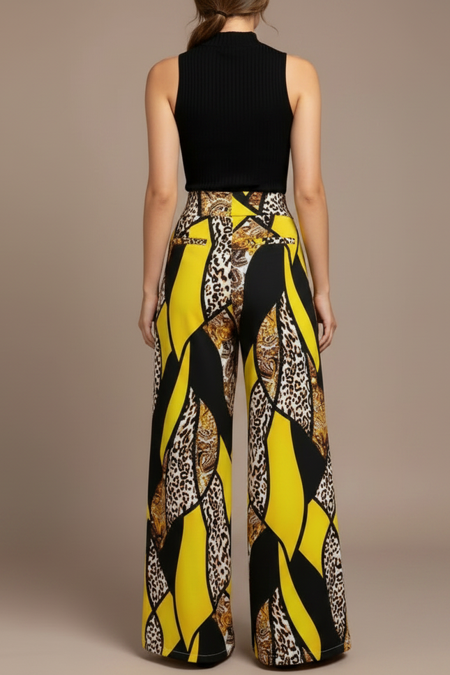 Pantalon Fluide Jaune Imprimé Léopard Ample Élégant - Viscose - vue 2