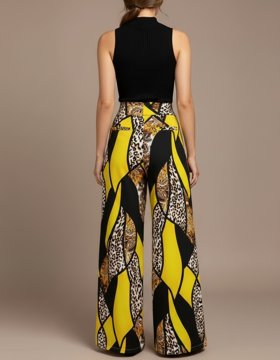 Pantalon Fluide Jaune Imprimé Léopard Ample Élégant - Viscose - vue 2