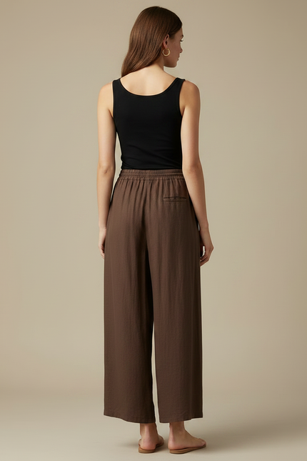 Pantalon Fluide Marron Ample Lin Cordon Décontracté - vue 2