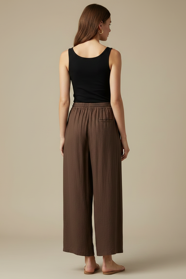 Pantalon Fluide Marron Ample Lin Cordon Décontracté - vue 2
