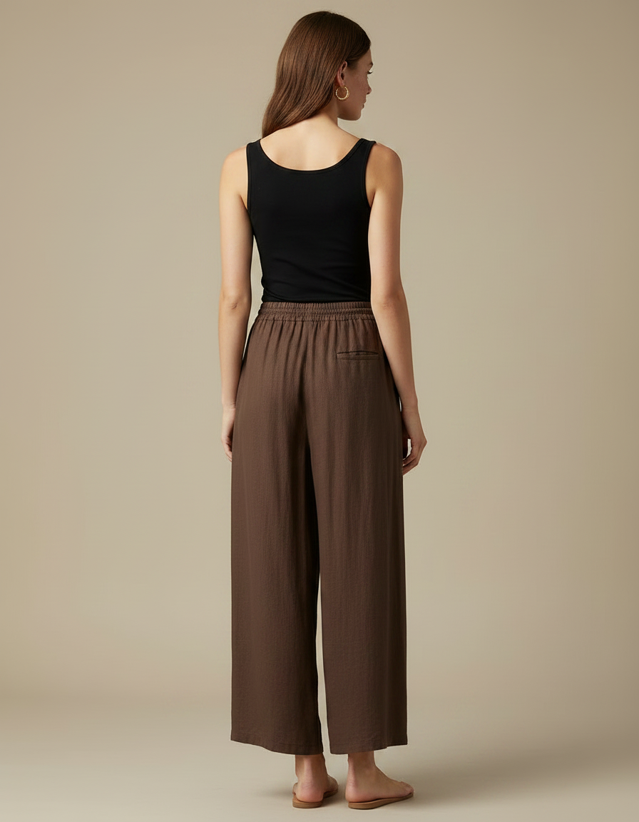 Pantalon Fluide Marron Ample Lin Cordon Décontracté - vue 2