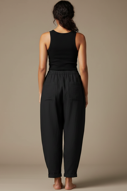 Pantalon Fluide Noir Ample Coton Décontracté Harem - Lin - vue 2