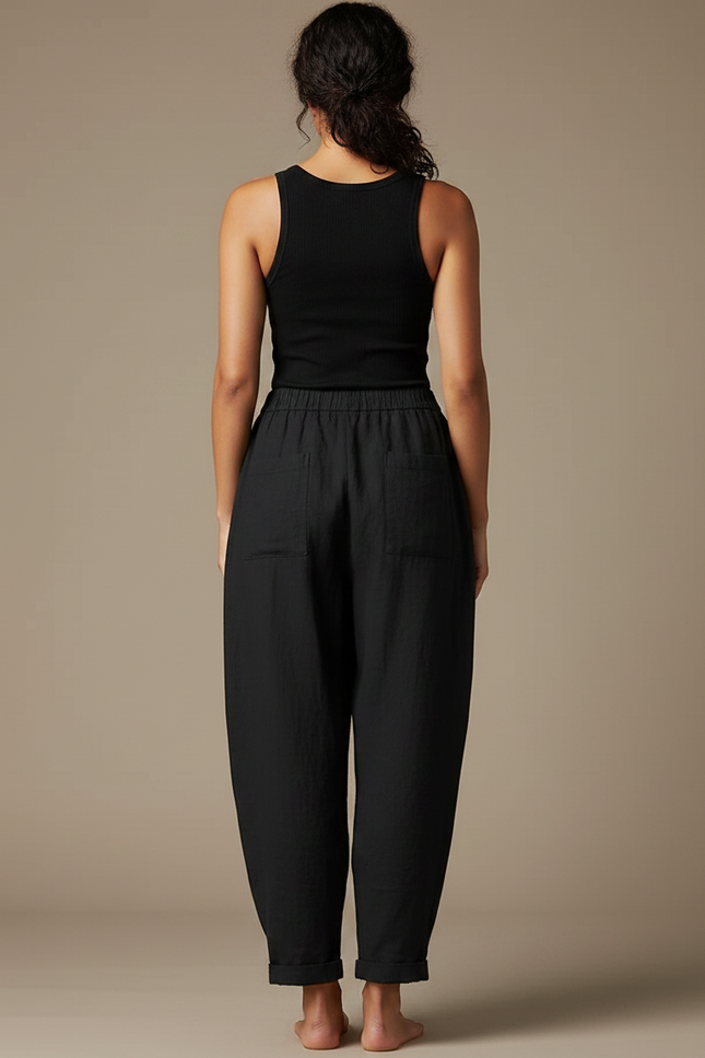 Pantalon Fluide Noir Ample Coton Décontracté Harem - Lin - vue 2