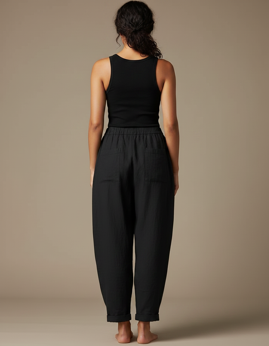 Pantalon Fluide Noir Ample Coton Décontracté Harem - Lin - vue 2
