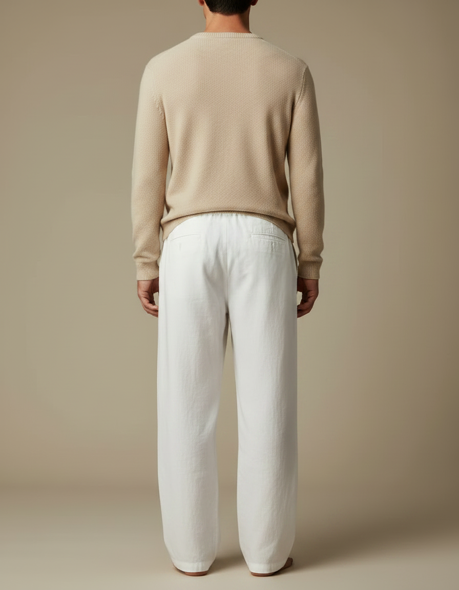Pantalon Fluide Blanc Ample Coton Lin Décontracté Homme - vue 2