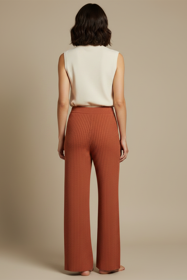 Pantalon Fluide Côtelé Large Marron Confortable Femme - Maille - vue 2