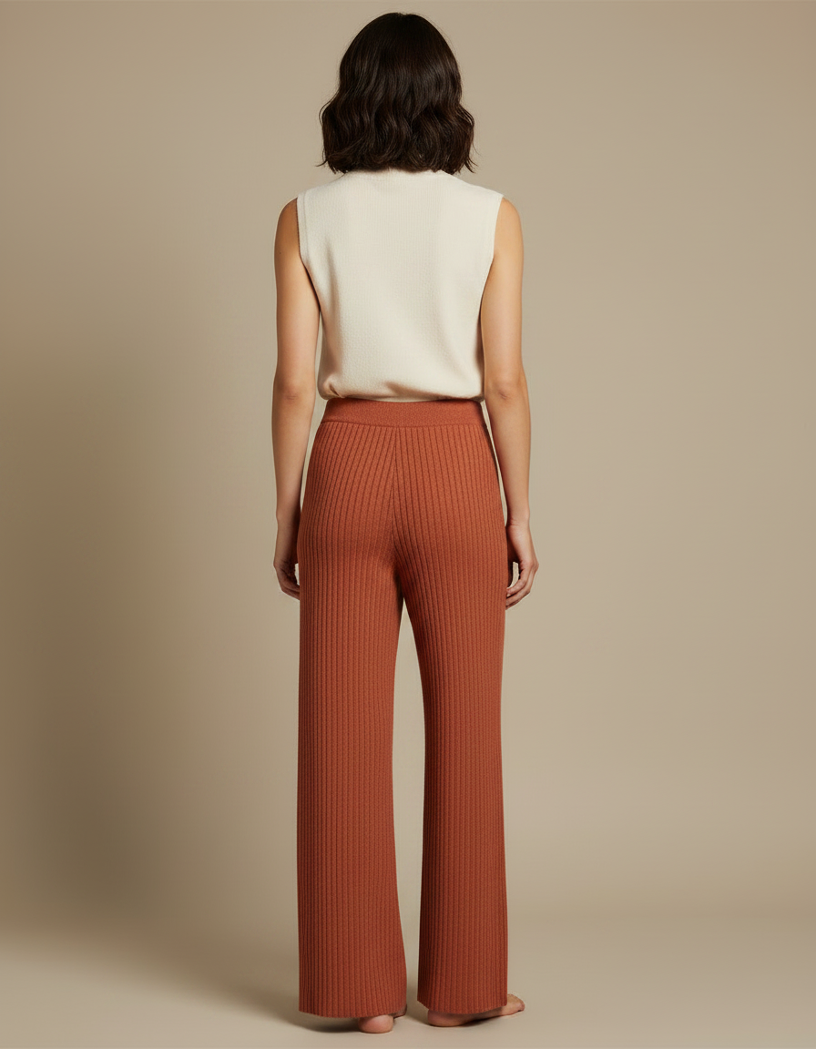 Pantalon Fluide Côtelé Large Marron Confortable Femme - Maille - vue 2