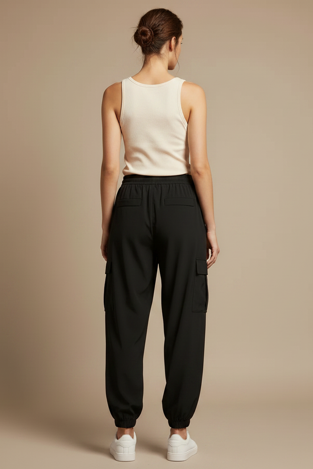 Pantalon Fluide Noir Cargo Ample Taille Haute Casual - Polyester - vue 2