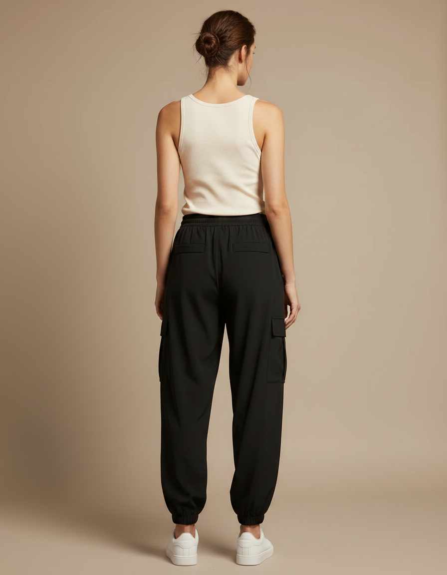 Pantalon Fluide Noir Cargo Ample Taille Haute Casual - Polyester - vue 2