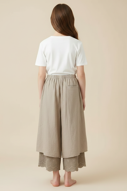 Pantalon Fluide Beige Brodé Ample Superposé Lin Coton - vue 2