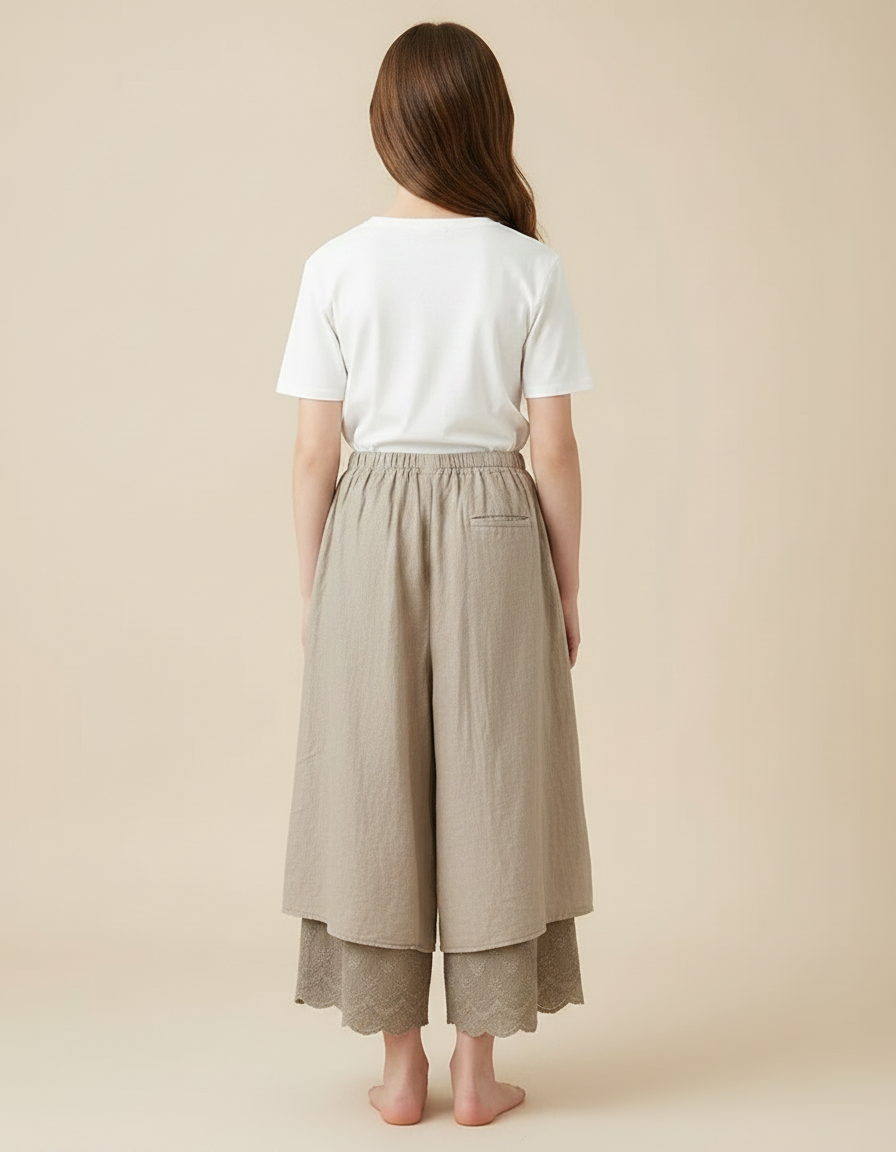 Pantalon Fluide Beige Brodé Ample Superposé Lin Coton - vue 2