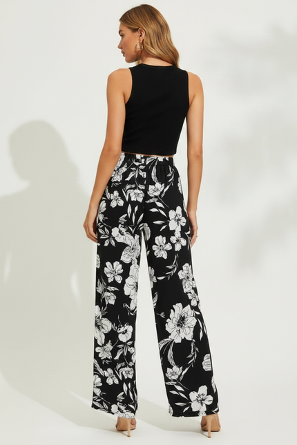 Pantalon Fluide Noir Floral Ample Taille Haute - Viscose - vue 2