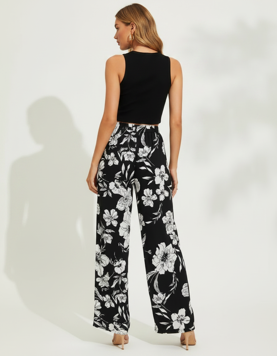 Pantalon Fluide Noir Floral Ample Taille Haute - Viscose - vue 2