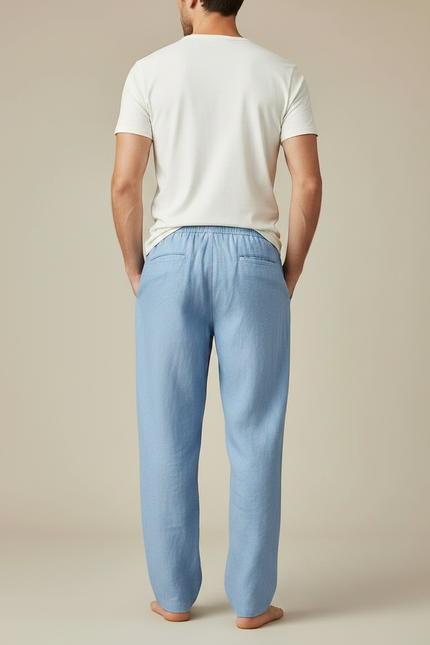 Pantalon Fluide Bleu Ciel Ample Lin Cordon Décontracté - vue 2