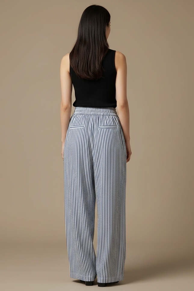 Pantalon Fluide Rayé Bleu Ample Confortable Léger - Marine Viscose - vue 2