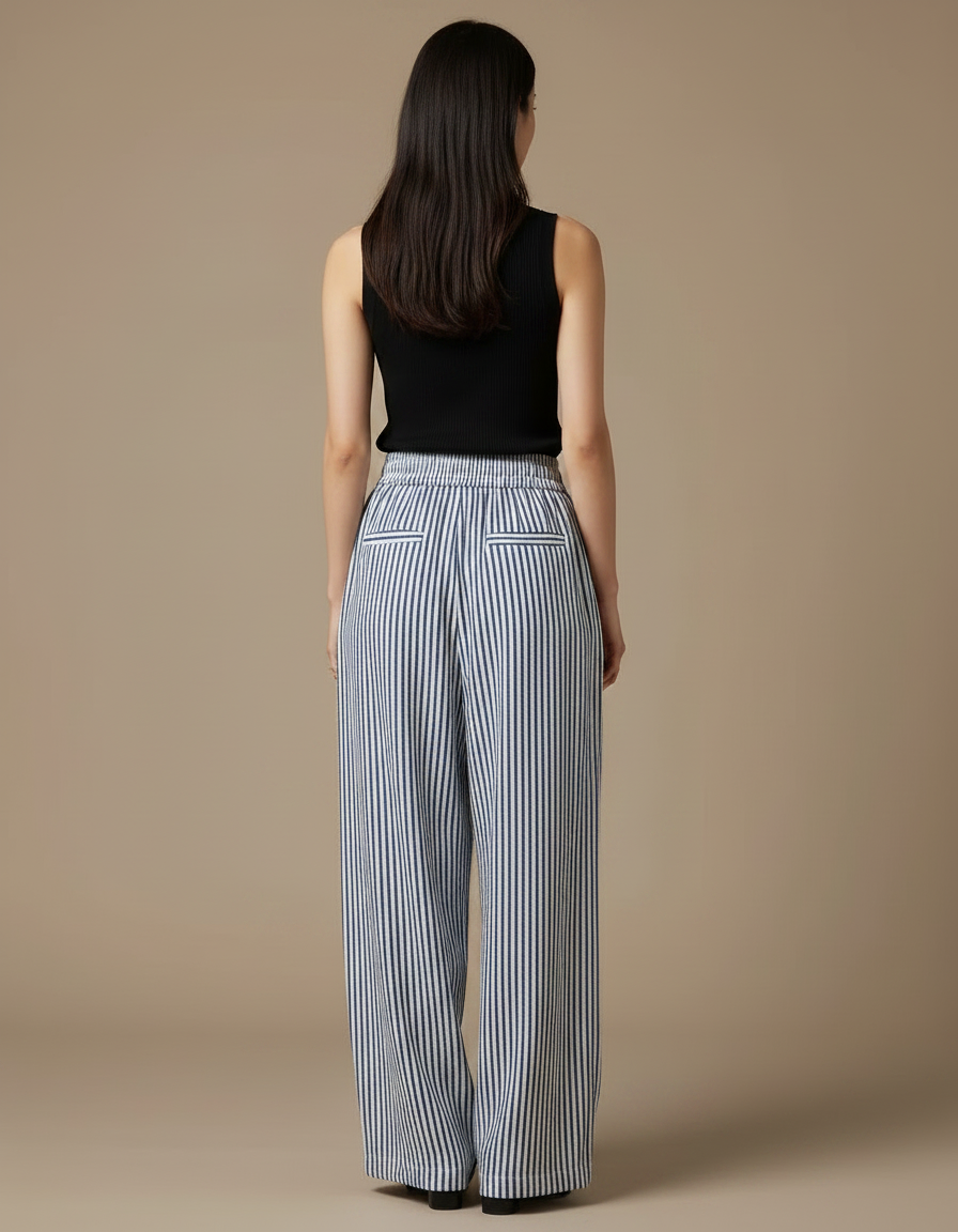 Pantalon Fluide Rayé Bleu Ample Confortable Léger - Marine Viscose - vue 2