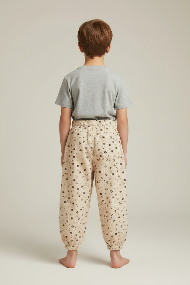Pantalon Fluide Beige Imprimé Fleurs Ample Coton - Cordé - vue 2