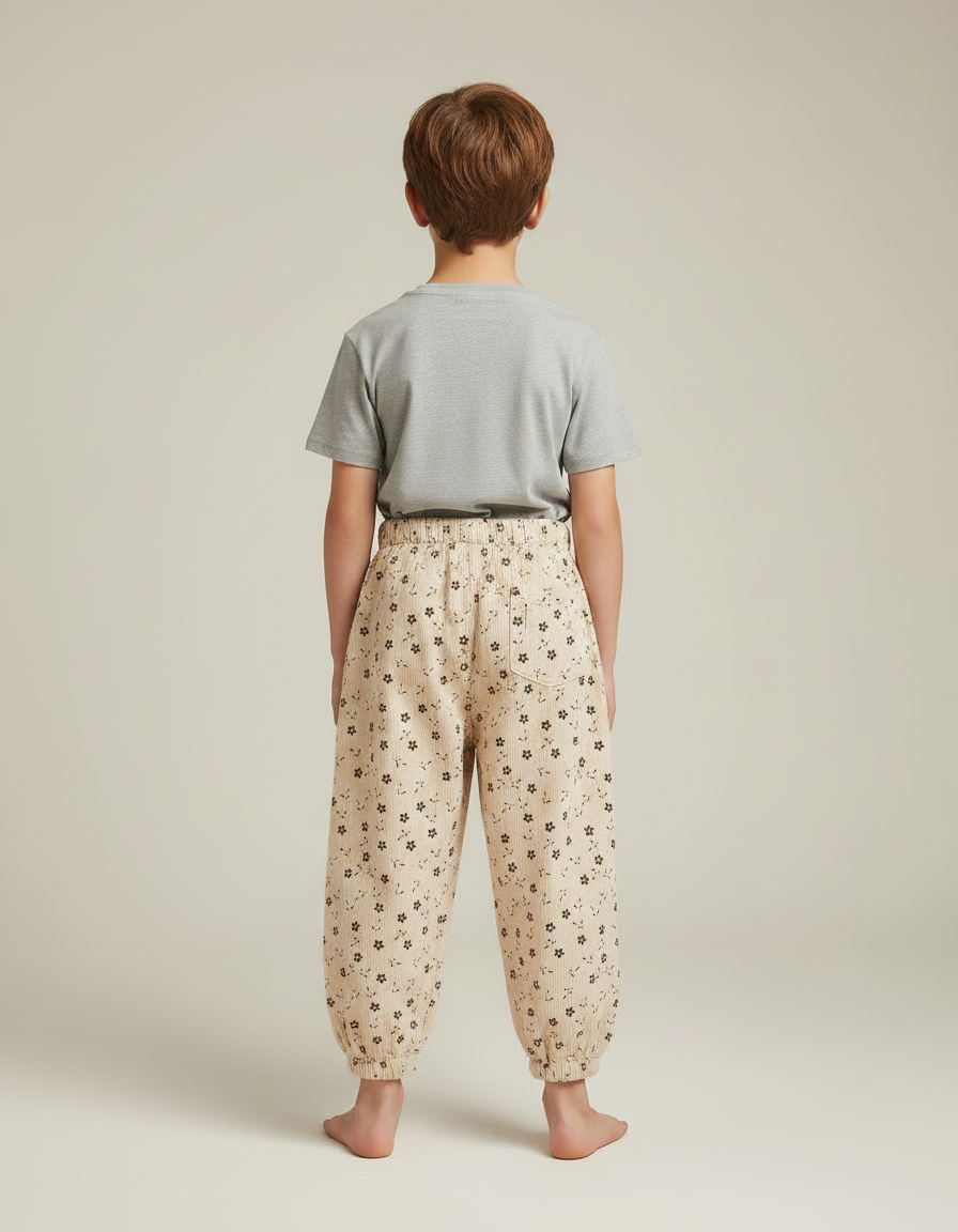 Pantalon Fluide Beige Imprimé Fleurs Ample Coton - Cordé - vue 2
