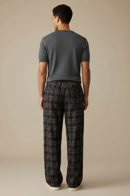 Pantalon Fluide Carreaux Marron Ample Confortable Cordon De Serrage - Laine - vue 2