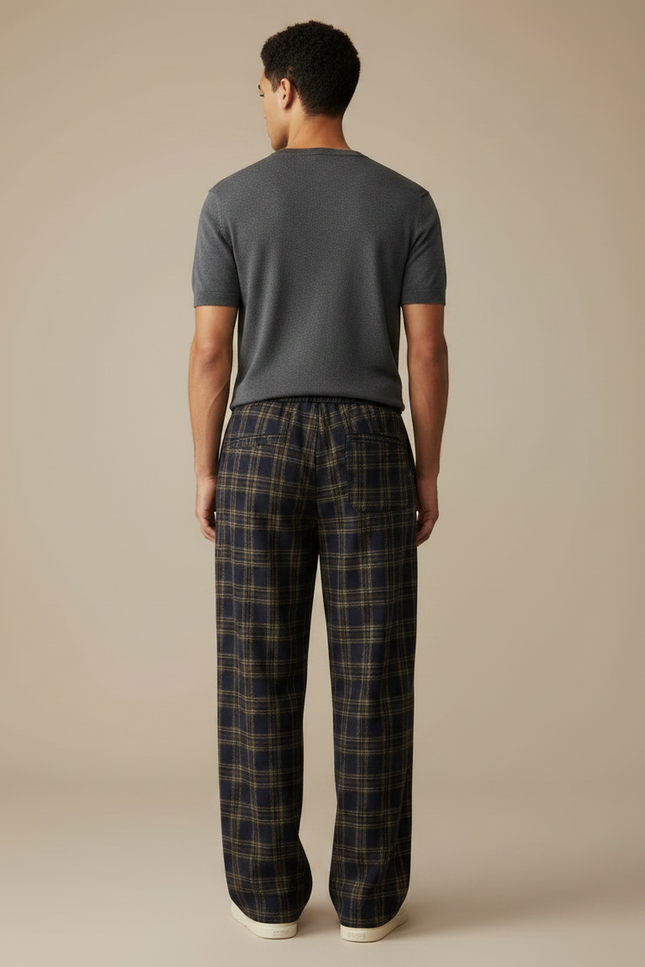 Pantalon Fluide Carreaux Marron Ample Confortable Cordon De Serrage - Laine - vue 2