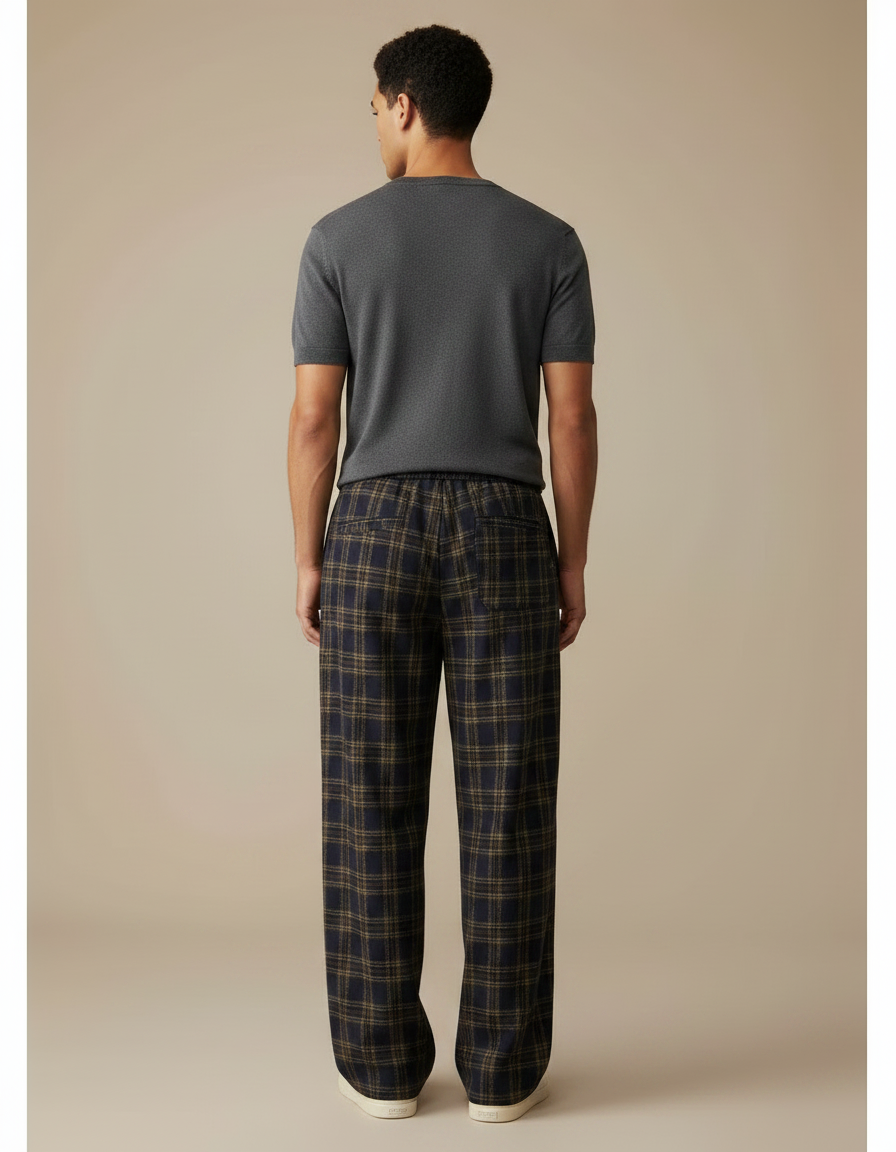Pantalon Fluide Carreaux Marron Ample Confortable Cordon De Serrage - Laine - vue 2