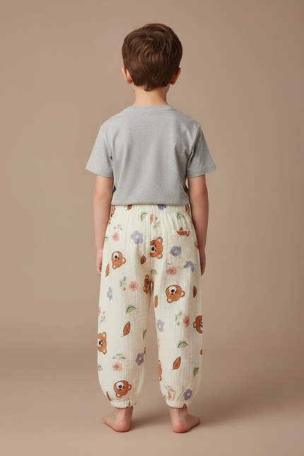 Pantalon Fluide Écru Ample Coton Imprimé Ours Fleuri - Beige - vue 2