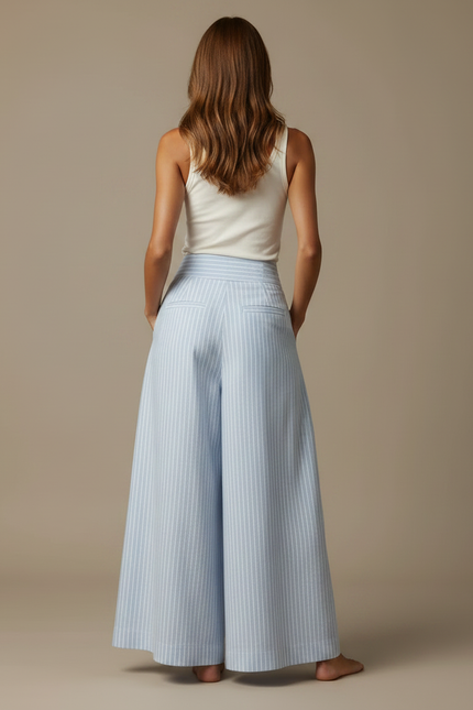 Pantalon Fluide Bleu Ciel Rayé Ample Plissé - Lin - vue 2