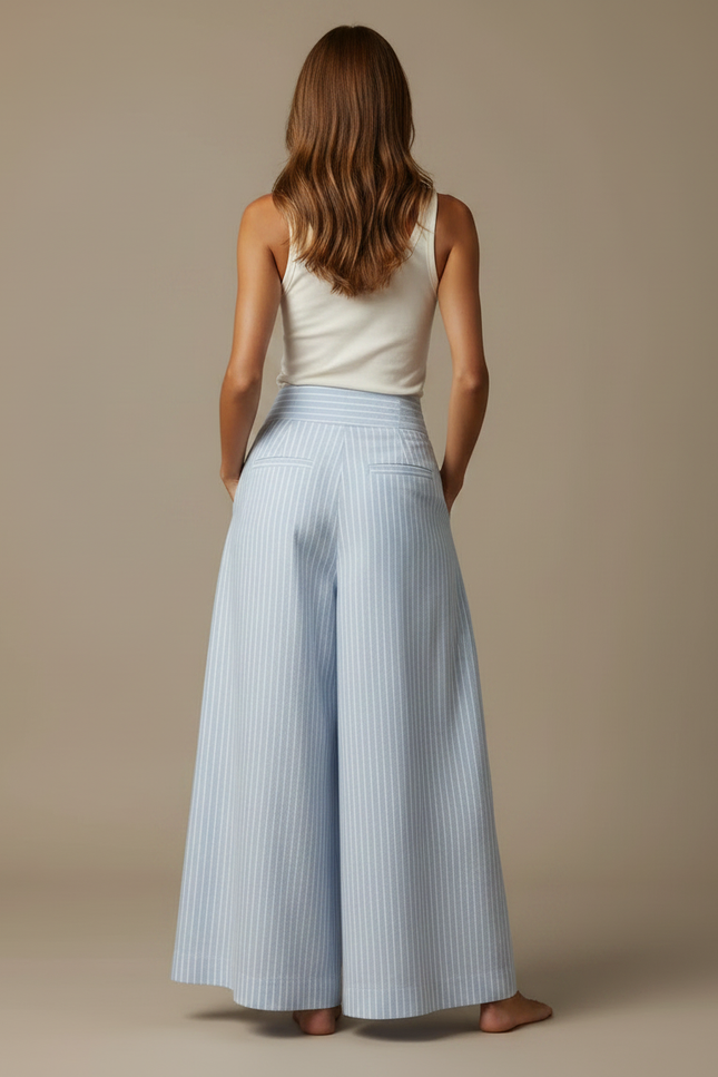 Pantalon Fluide Bleu Ciel Rayé Ample Plissé - Lin - vue 2