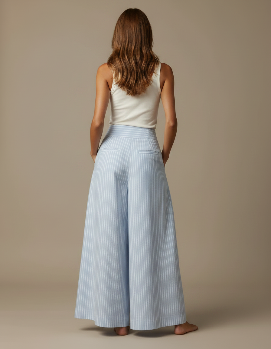 Pantalon Fluide Bleu Ciel Rayé Ample Plissé - Lin - vue 2