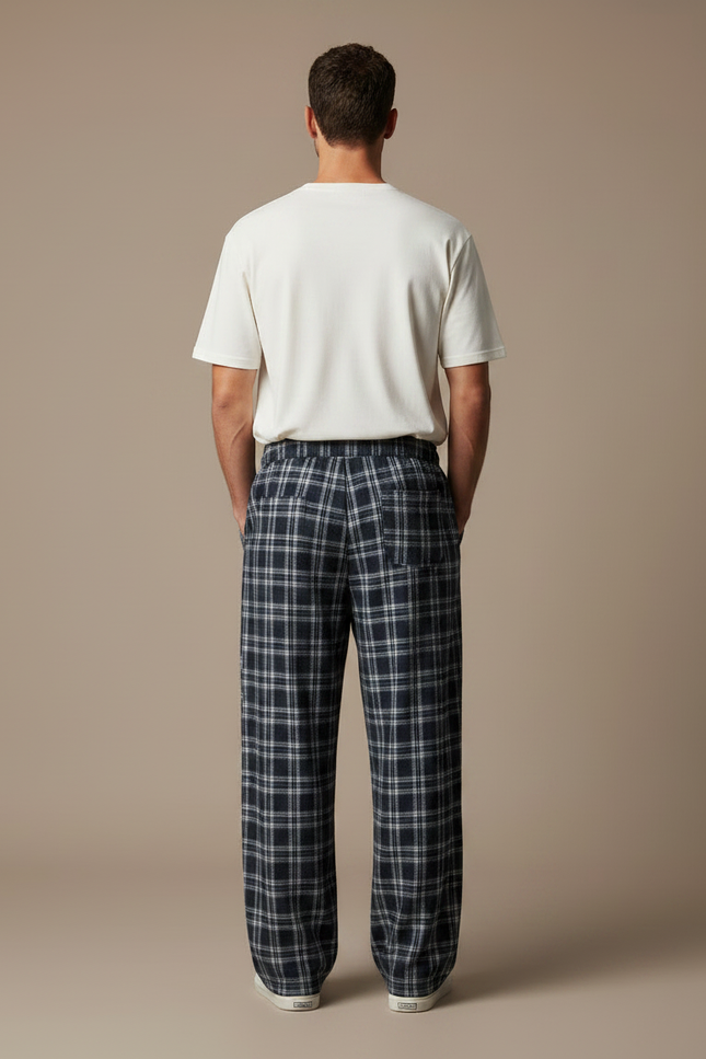 Pantalon Fluide Carreaux Bleu Marine Ample Décontracté Homme - Coton - vue 2
