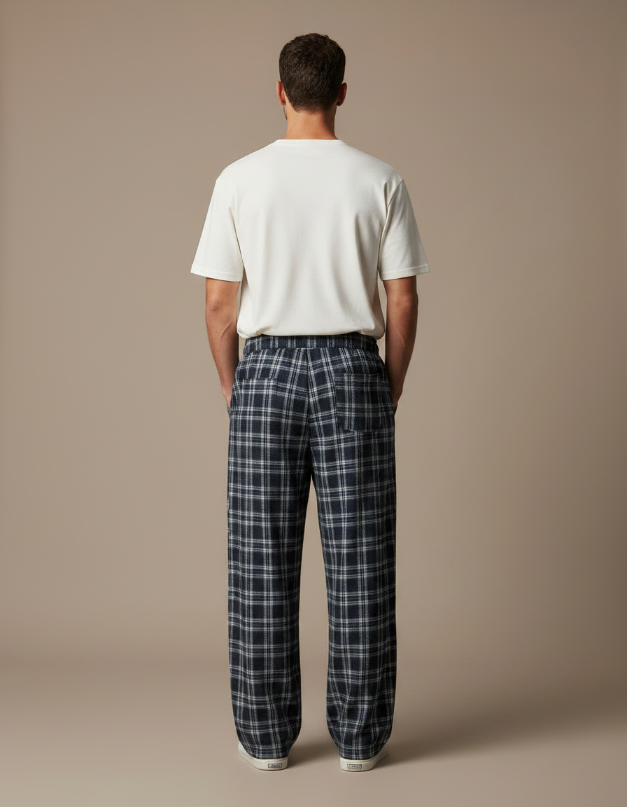 Pantalon Fluide Carreaux Bleu Marine Ample Décontracté Homme - Coton - vue 2