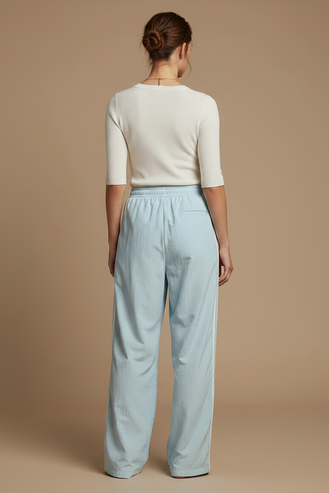 Pantalon Fluide Bleu Ciel Ample Rayures Blanches Sportif - Polyester - vue 2
