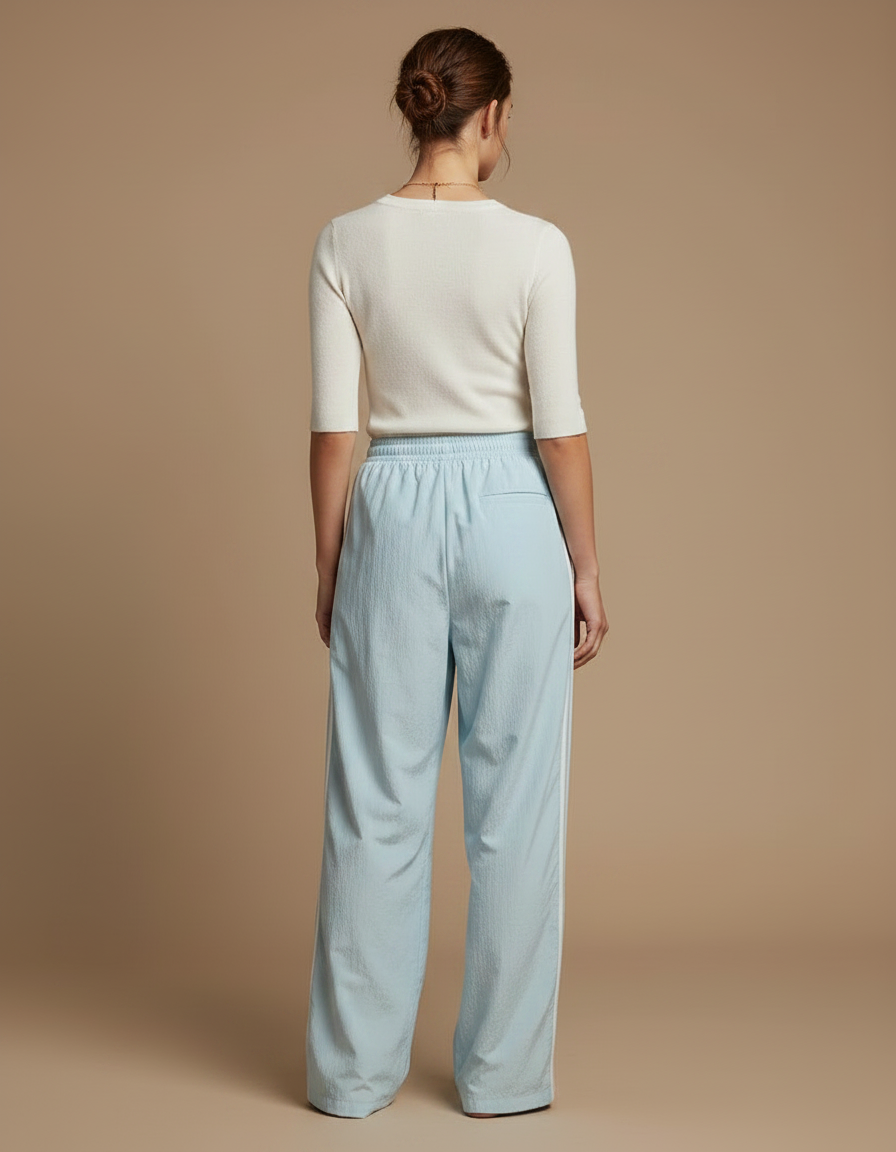 Pantalon Fluide Bleu Ciel Ample Rayures Blanches Sportif - Polyester - vue 2