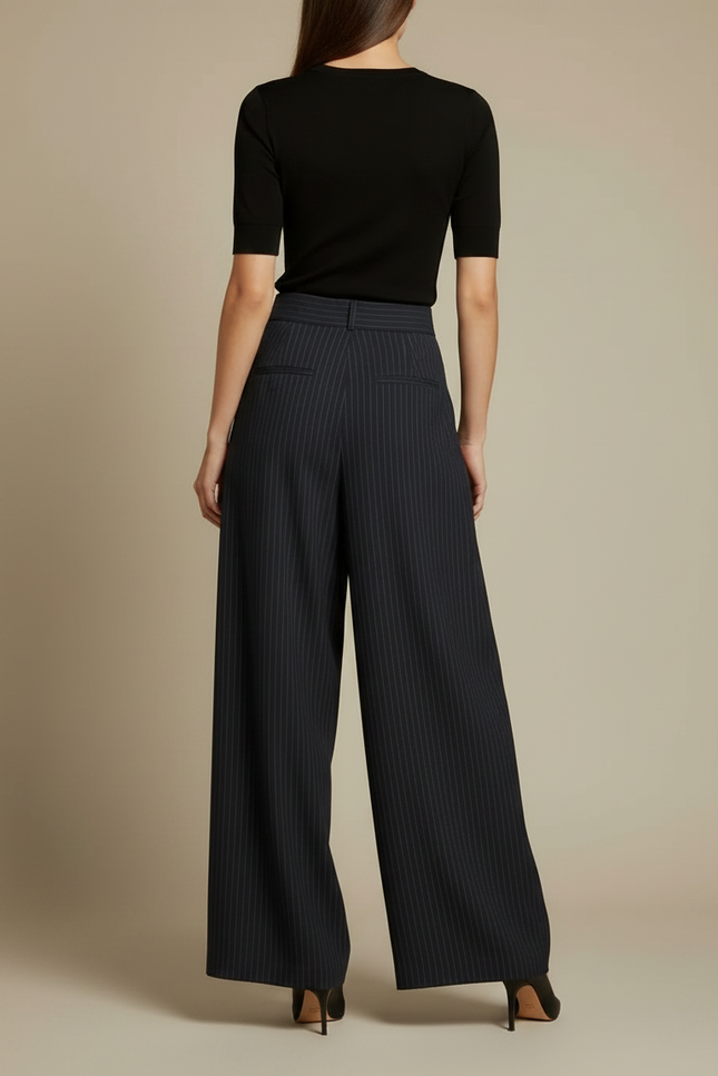 Pantalon Fluide Rayé Noir Plissé Ample Élégant - Laine - vue 2