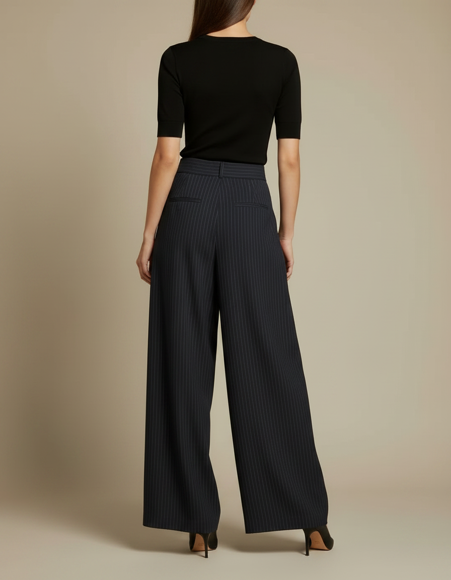 Pantalon Fluide Rayé Noir Plissé Ample Élégant - Laine - vue 2