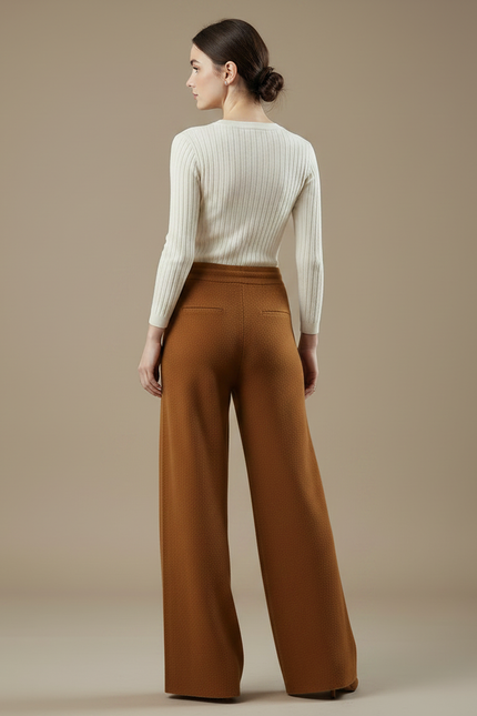 Pantalon Fluide Marron Maille Ample Cordon Femme - vue 2