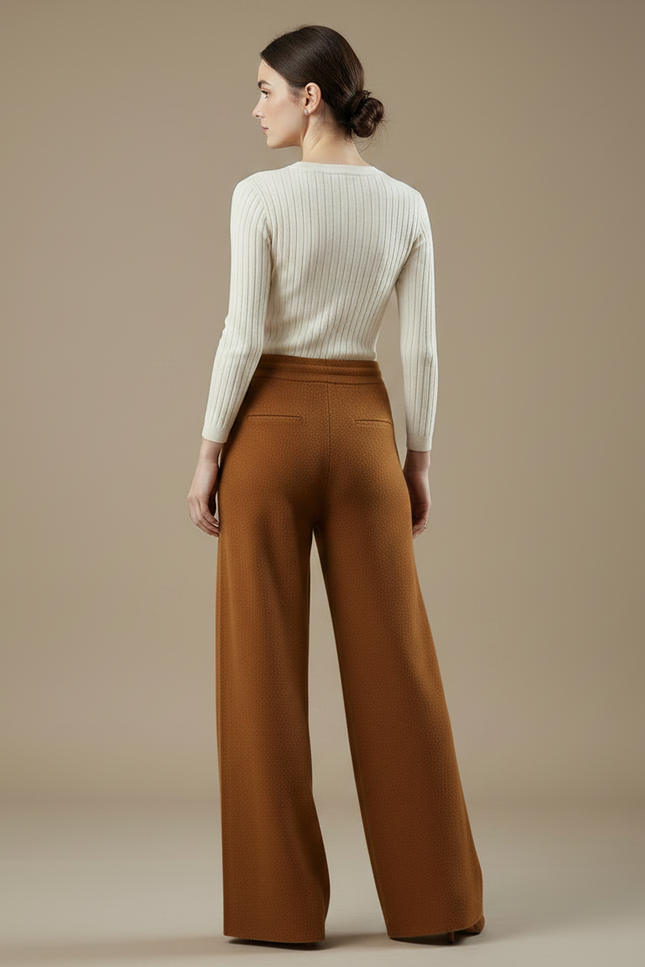 Pantalon Fluide Marron Maille Ample Cordon Femme - vue 2