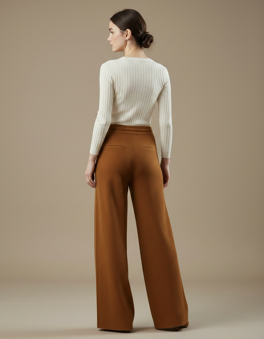 Pantalon Fluide Marron Maille Ample Cordon Femme - vue 2