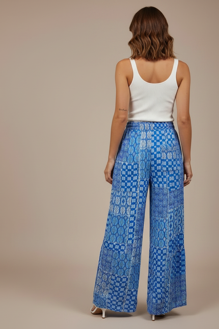 Pantalon Fluide Bleu Imprimé Géométrique Ample Cordon - Viscose - vue 2