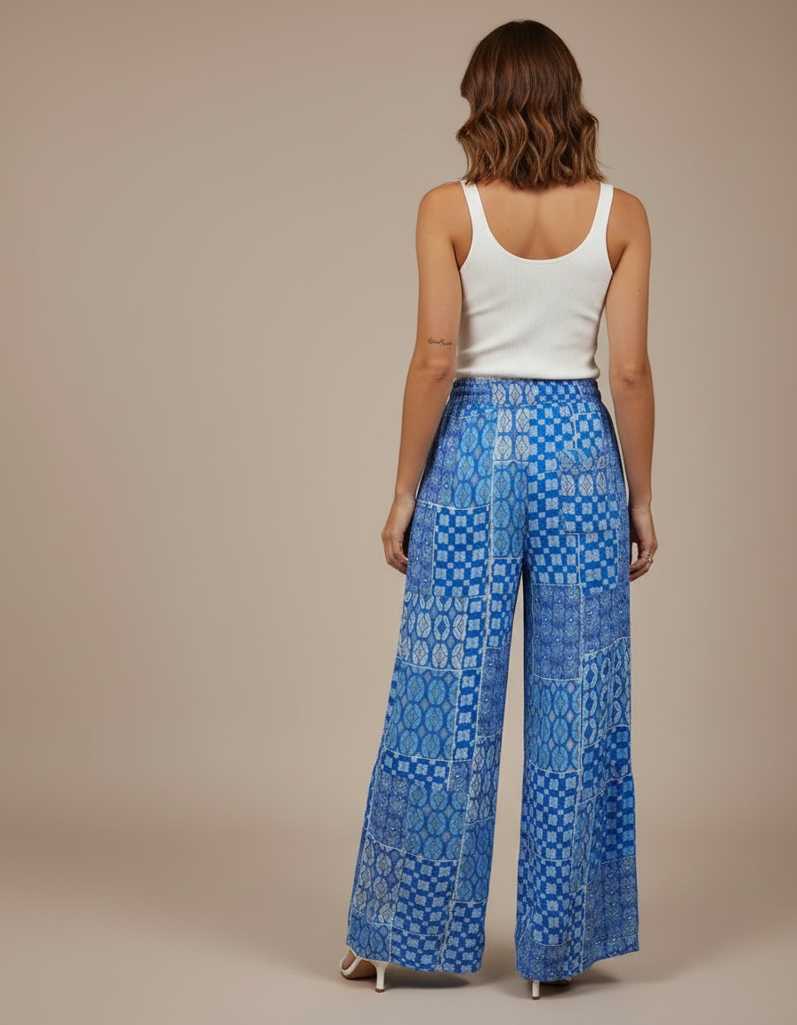 Pantalon Fluide Bleu Imprimé Géométrique Ample Cordon - Viscose - vue 2