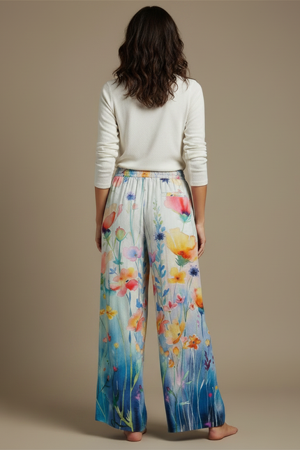 Pantalon Fluide Blanc Et Bleu - Multicolore Lin - vue 2