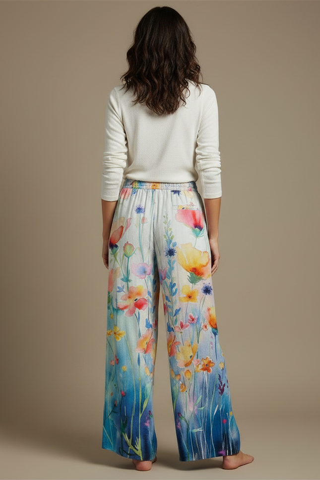 Pantalon Fluide Blanc Et Bleu - Multicolore Lin - vue 2