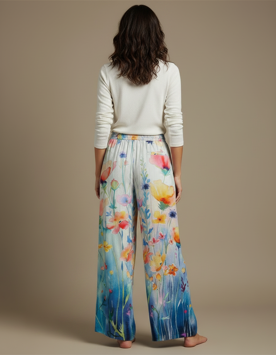 Pantalon Fluide Blanc Et Bleu - Multicolore Lin - vue 2