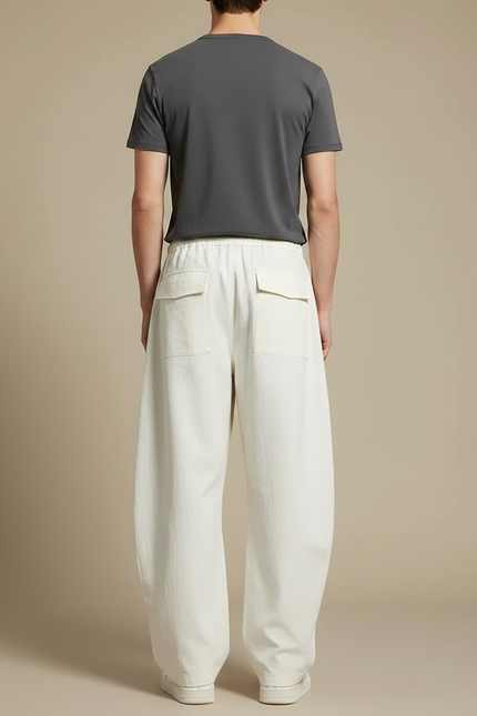 Pantalon Fluide Écru Cargo Ample Cordon Homme Décontracté - Blanc Toile - vue 2