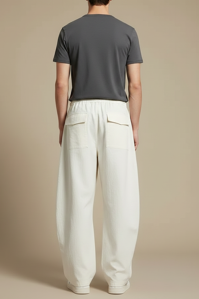 Pantalon Fluide Écru Cargo Ample Cordon Homme Décontracté - Blanc Toile - vue 2