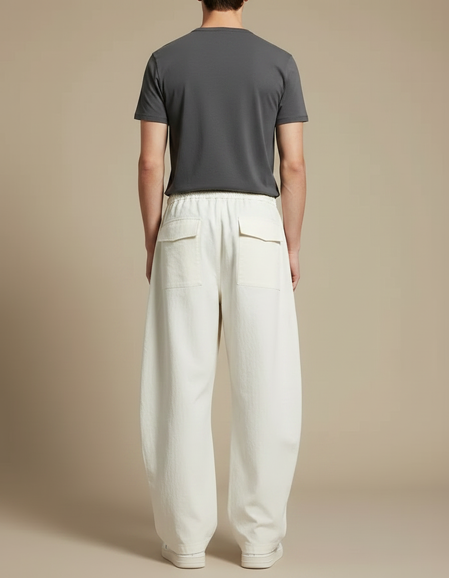 Pantalon Fluide Écru Cargo Ample Cordon Homme Décontracté - Blanc Toile - vue 2