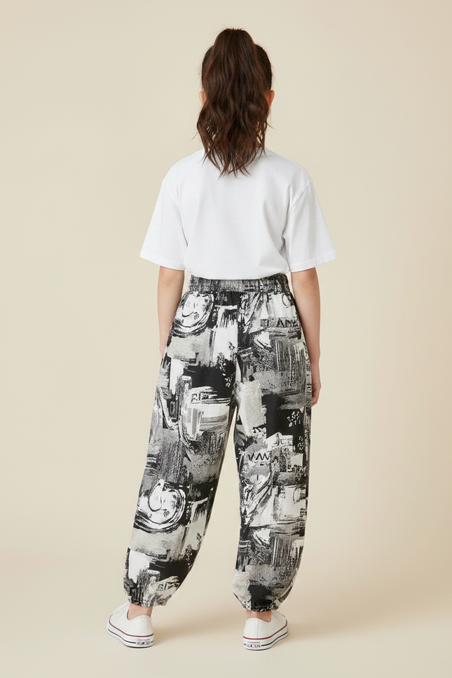 Pantalon Fluide Imprimé Abstrait Ample Décontracté Noir Blanc - Viscose - vue 2